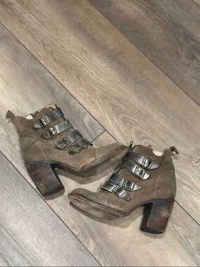 freebird Brown Suede Buckle Strap Heeled Ankle Boots